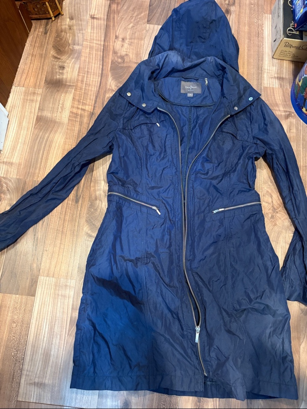Cole Haan Women's M Jacket Packable Navy Metallic Lightweight Hooded EUC